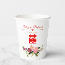 Waterverf bloem dubbel geluk chinese bruiloft papieren bekers