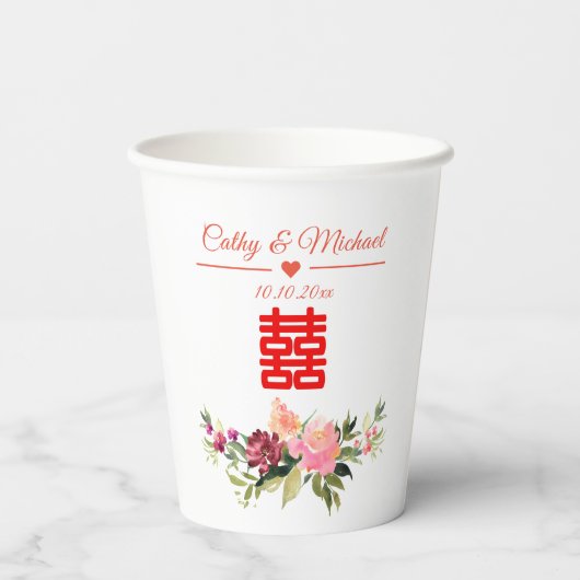 Waterverf bloem dubbel geluk chinese bruiloft papieren bekers (Achterkant)