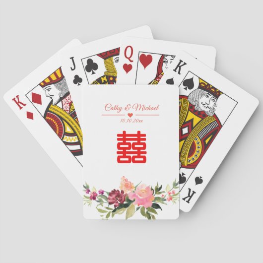 Waterverf bloem dubbel geluk chinese bruiloft pokerkaarten (Achterkant)