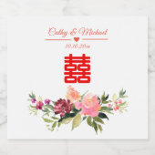 Waterverf bloem dubbel geluk chinese bruiloft sparkling wijnetiket (Enkel label)