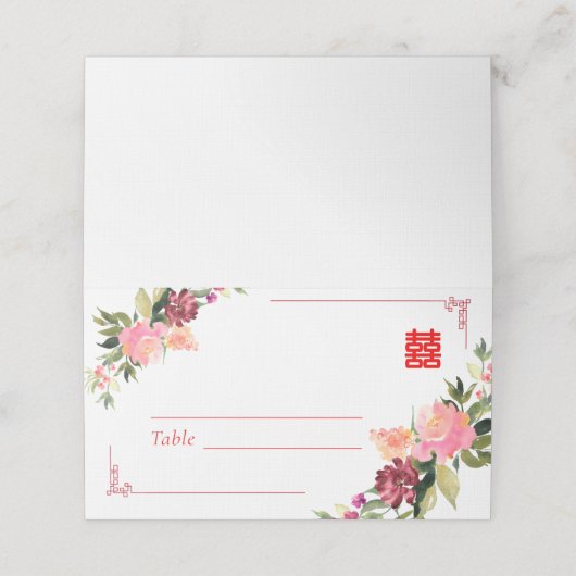 Waterverf bloem dubbel xi chinese bruiloft lijst plaatskaartje (Buitenkant ongevouwen)