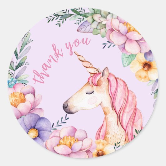 Waterverf bloem eenhoorn meisje dank u ronde sticker (Voorkant)