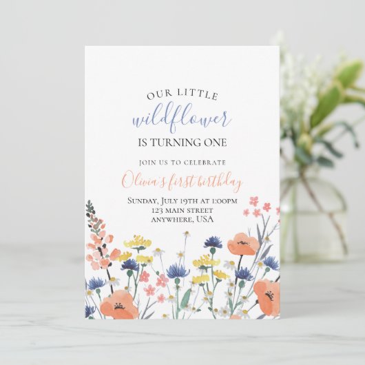 Waterverf bloem eerste verjaardag kaart (Staand voorkant)