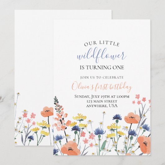 Waterverf bloem eerste verjaardag kaart (Voorkant / Achterkant)