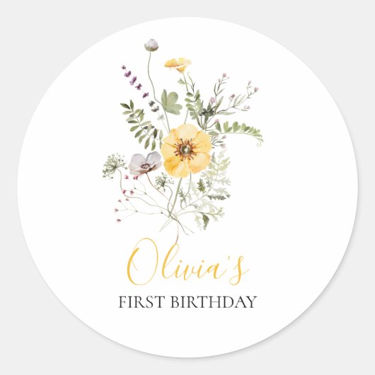 Waterverf bloem eerste verjaardag ronde sticker (Voorkant)