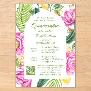 Waterverf Bloem Foto QR Code Quinceañera Acryl Uitnodigingen