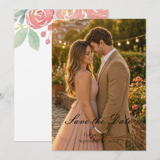Waterverf Bloem Foto Save the Date in Roze Koraal Bedankkaart