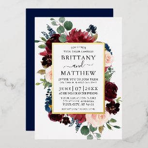 Waterverf Bloem Frame Bruiloft Blauw Goud Folie Uitnodiging