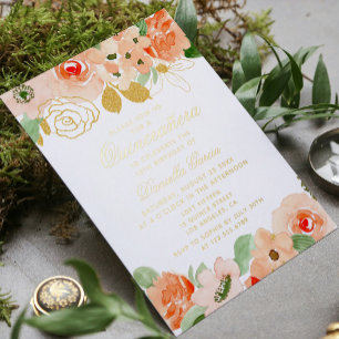 Waterverf Bloem Glitter Modern Quinceañera Goud Folie Uitnodiging
