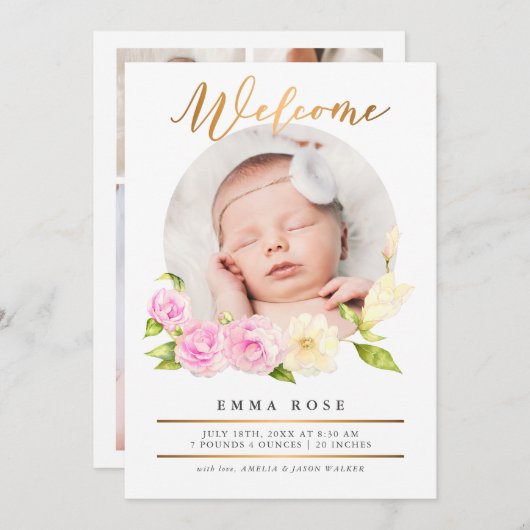 Waterverf Bloem Goud Foto Geboorteaankondiging Kaart (Voorkant / Achterkant)
