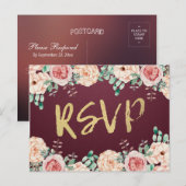 Waterverf Bloem & Goud Schrift Trouw RSVP Antwoord Uitnodiging Briefkaart (Voorkant / Achterkant)