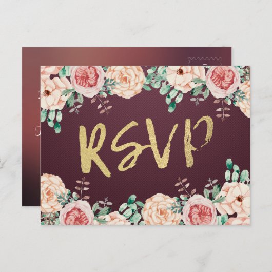 Waterverf Bloem & Goud Schrift Trouw RSVP Antwoord Uitnodiging Briefkaart (Voorkant / Achterkant)