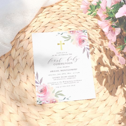 Waterverf Bloem Gouden Kruis Eerste Heilige Commun Uitnodiging Briefkaart
