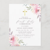 Waterverf Bloem Gouden Kruis Eerste Heilige Commun Uitnodiging Briefkaart (Voorkant)