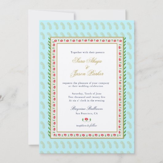 Waterverf bloem grens Aqua Indiaanse bruiloft Kaart (Voorkant)