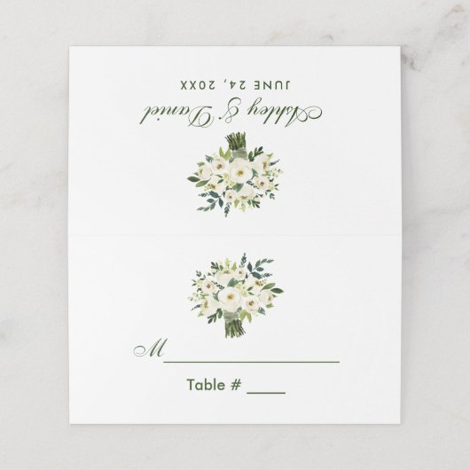Waterverf Bloem Groen Wit Boeket Bruiloft Plaatskaartje (Buitenkant ongevouwen)