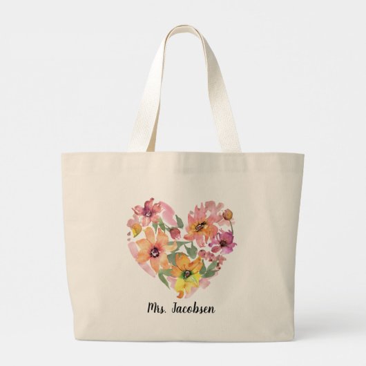 Waterverf Bloem Hart Leraar Waardering Grote Tote Bag (Achterkant)