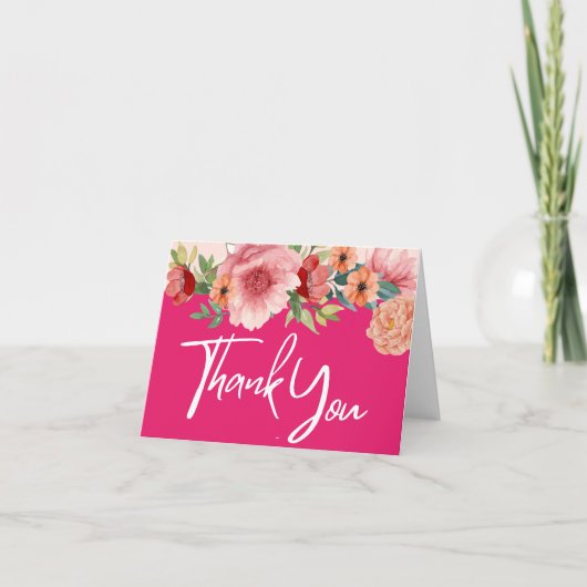 Waterverf bloem heldere roze bruiloft tafel bedankkaart (Voorkant)