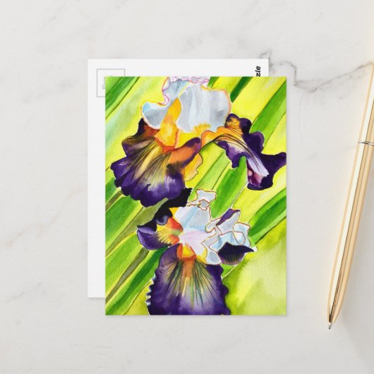 Waterverf bloem iris bloem briefkaart (Voorkant / Achterkant in situ)