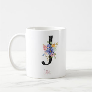 Waterverf bloem 'J' monogram naam Zwarte polkadot Koffiemok