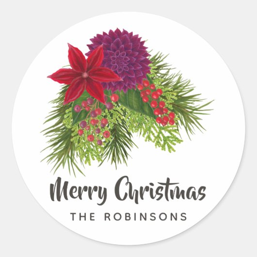 Waterverf Bloem Kerstmis Ronde Sticker (Voorkant)