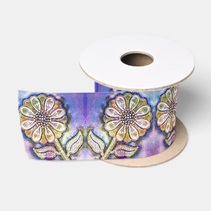 Waterverf bloem kunst op blauw satijnen lint