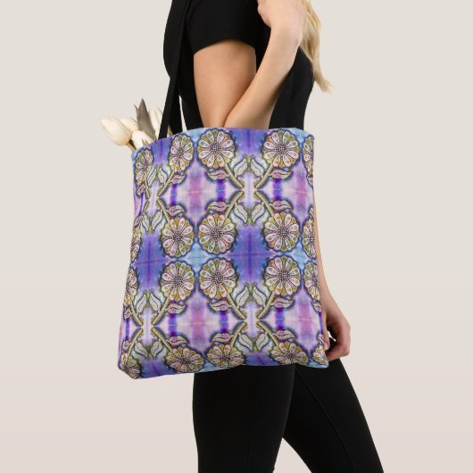 Waterverf bloem kunst op blauw tote bag (Dichtbij)
