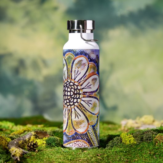 Waterverf bloem kunst op blauw waterfles (Buiten)