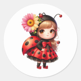 Waterverf Bloem Ladybug Meisje Ronde Sticker