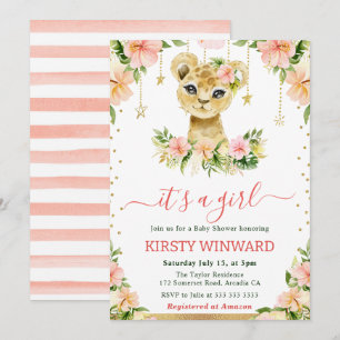 Waterverf Bloem Leeuw Welp Meisje Baby Shower Kaart