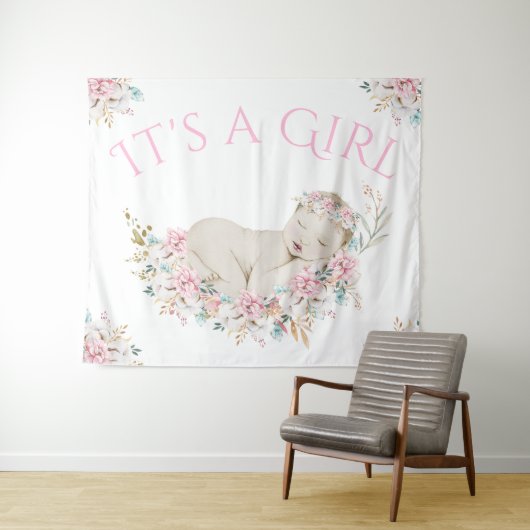 Waterverf Bloem Meisje Baby Shower Achtergrond Ban Wandkleed (In Situ (horizontaal))