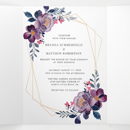 Waterverf Bloem Moderne QR Code Trouwen Drieluik Uitnodiging (Binnenkant midden)