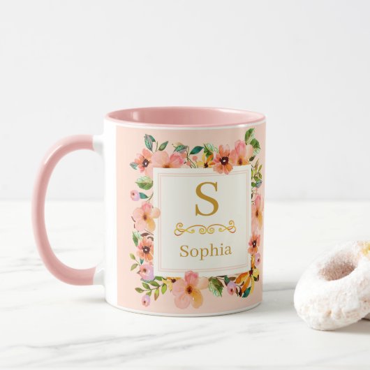 Waterverf Bloem Monogram I Aangepaste Gouden Initi Mok (Met donut)