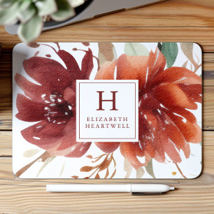Waterverf Bloem Motief Bordeaux Oranje Monogram Muismat