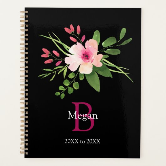 Waterverf Bloem, Naam & Monogram, Jaren op Zwart Planner (Voorkant)