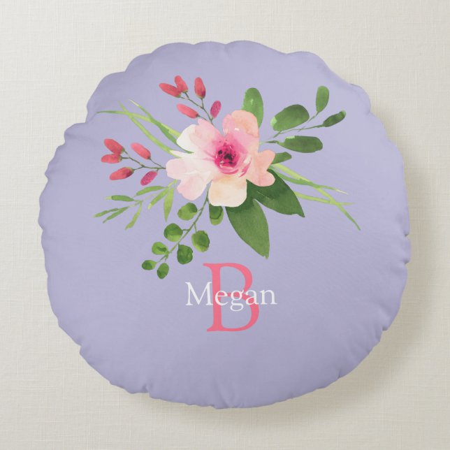 Waterverf Bloem, Naam & Monogram op Lavendel Rond Kussen (Voorkant)