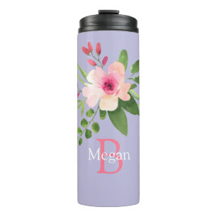 Waterverf Bloem, Naam & Monogram op Lavendel Thermosbeker