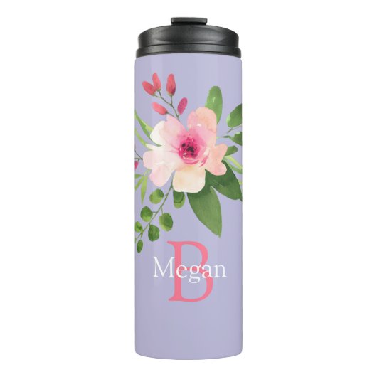 Waterverf Bloem, Naam & Monogram op Lavendel Thermosbeker (Voorkant)