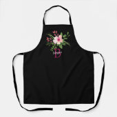 Waterverf Bloem, Naam & Monogram op Zwart Schort (Voorkant)