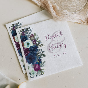 Waterverf Bloem Plum Navyblauw Huwelijk Servet