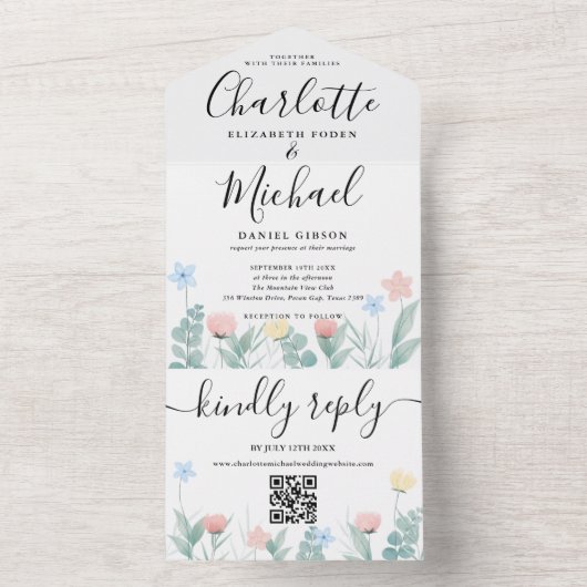 Waterverf Bloem QR Code Handtekening Script Bruilo All In One Uitnodiging (Binnen)