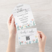 Waterverf Bloem QR Code Hart Script Bruiloft All In One Uitnodiging (Afscheurbaar)