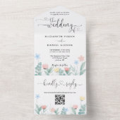 Waterverf Bloem QR Code Hart Script Bruiloft All In One Uitnodiging (Binnen)