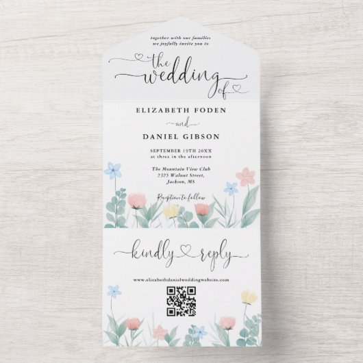 Waterverf Bloem QR Code Hart Script Bruiloft All In One Uitnodiging (Binnen)