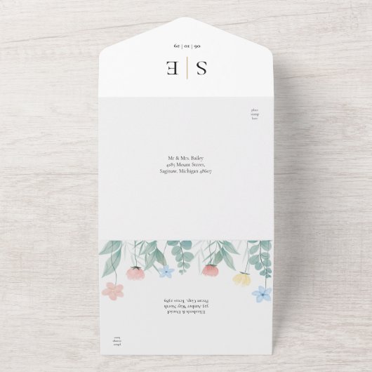 Waterverf Bloem QR Code Monogram Huwelijk All In One Uitnodiging (Buitenkant)