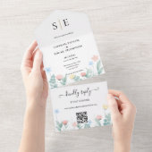 Waterverf Bloem QR Code Monogram Huwelijk All In One Uitnodiging (Afscheurbaar)