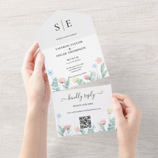 Waterverf Bloem QR Code Monogram Huwelijk All In One Uitnodiging (Afscheurbaar)