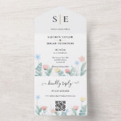 Waterverf Bloem QR Code Monogram Huwelijk All In One Uitnodiging (Binnen)