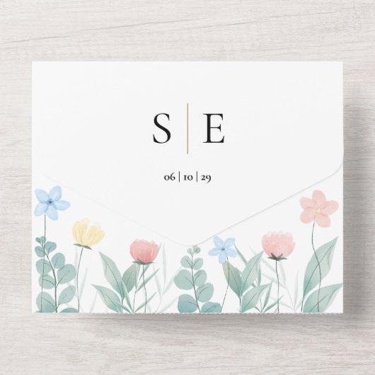 Waterverf Bloem QR Code Monogram Huwelijk All In One Uitnodiging (Achterkant)