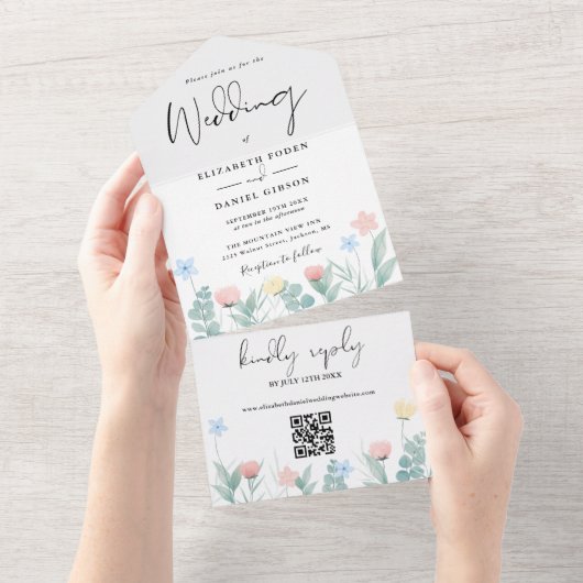 Waterverf Bloem QR Code Script Bruiloft All In One Uitnodiging (Afscheurbaar)